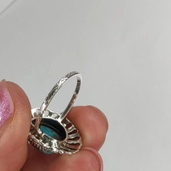SHIVAM Ring 8 Sterling Silver Scroll Filigree Blue Turquoise Marcasite Boho - Picture 9 of 9